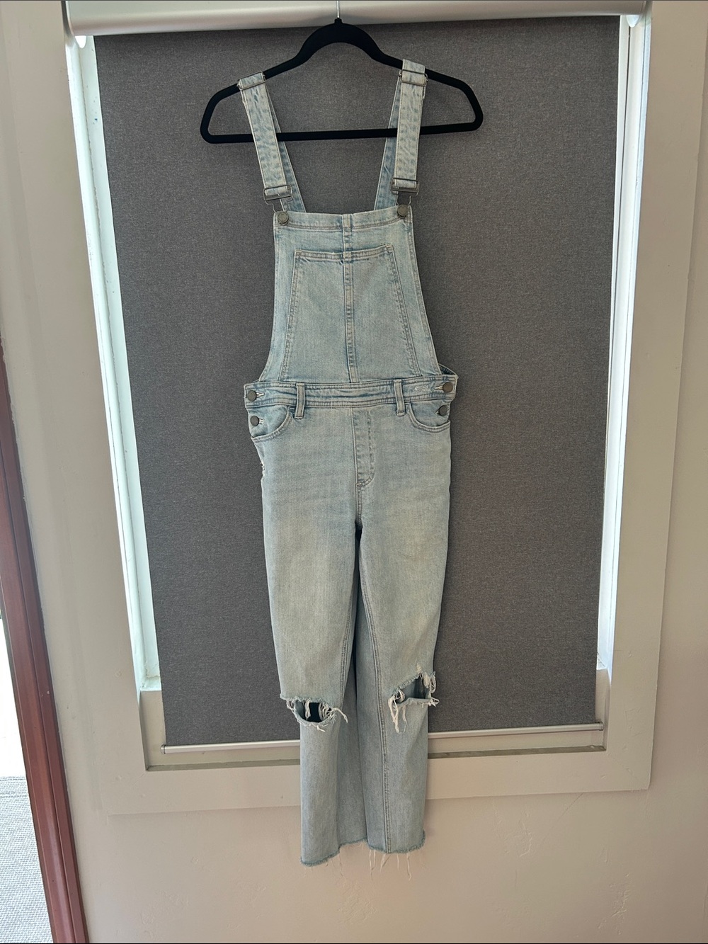 PAIGE Light Blue Denim Overalls with Knee Rips